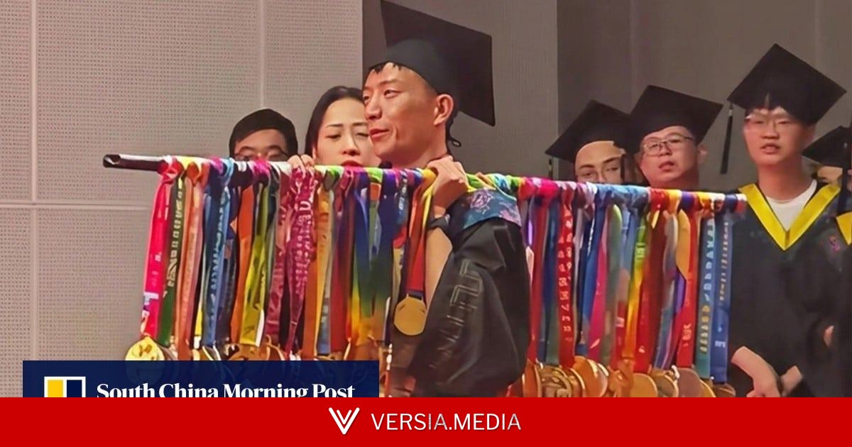 Chinese student displays 70 marathon medals at graduation after running to fund education