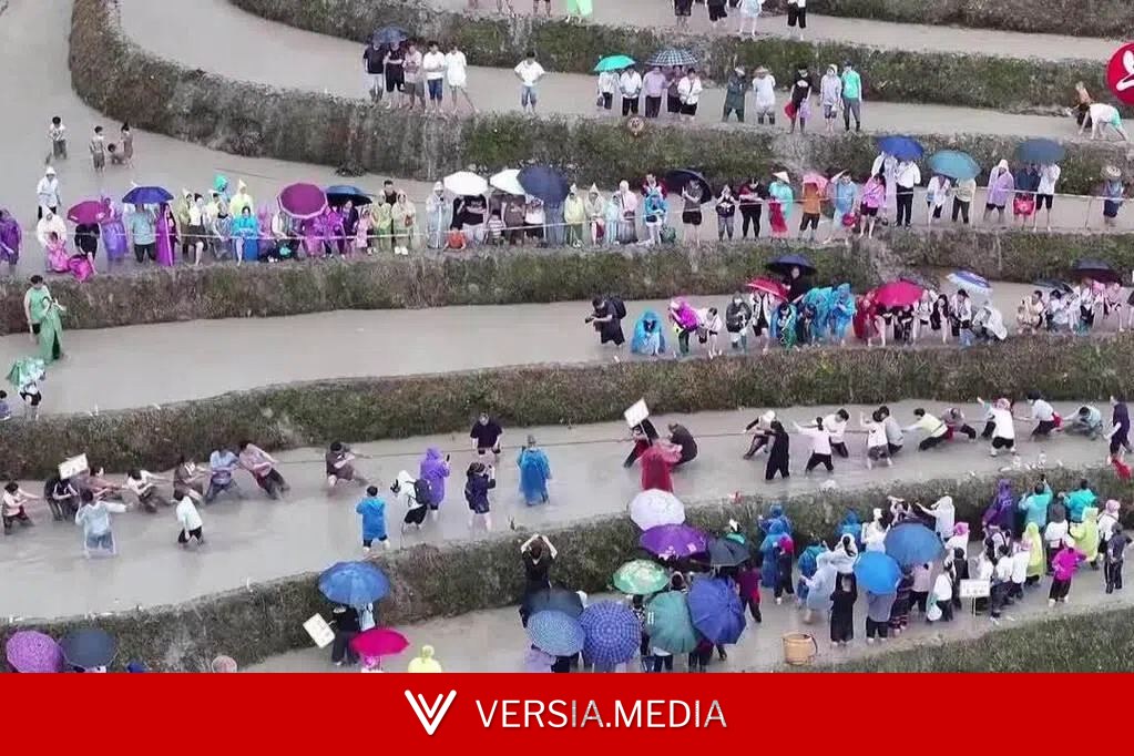 广西梳秧节祈求风调雨顺 民众梯田拔河